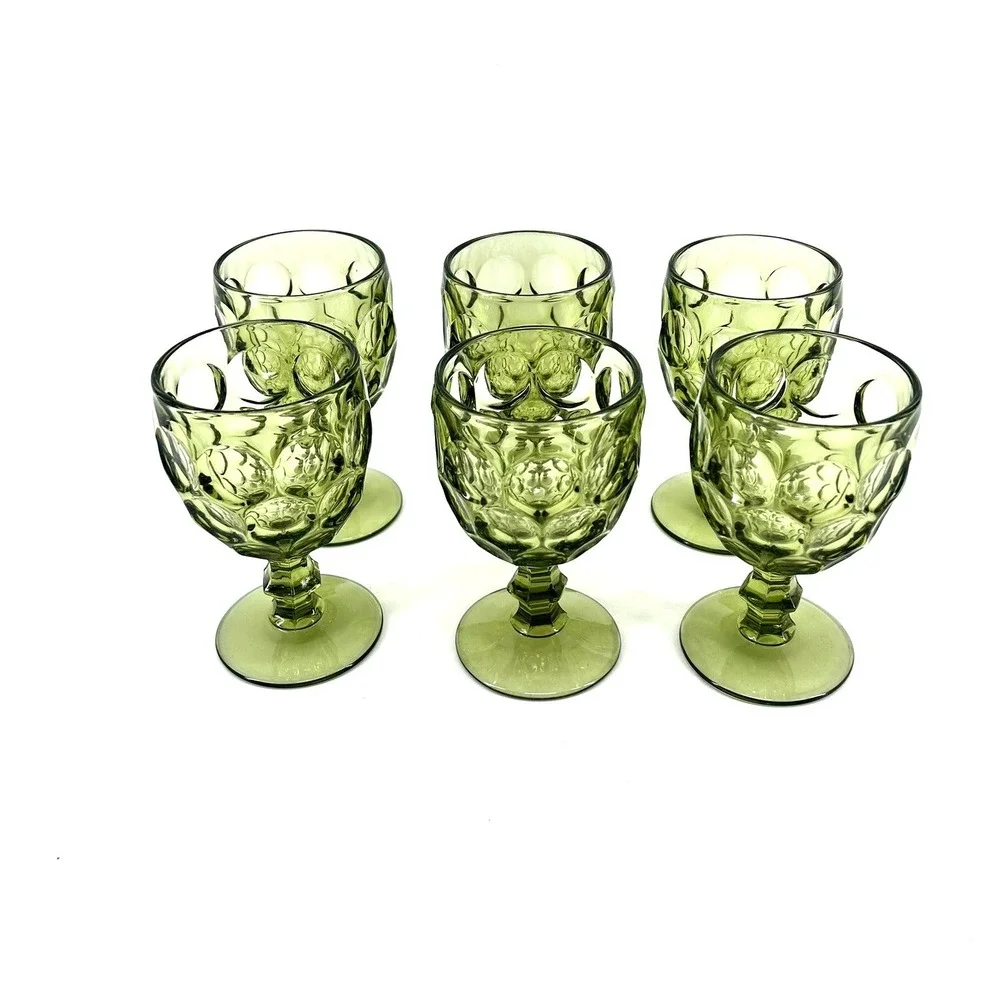 VTG Imperial Glass Avocado Green Thumbprint Goblets Set of 6 MCM Stemware